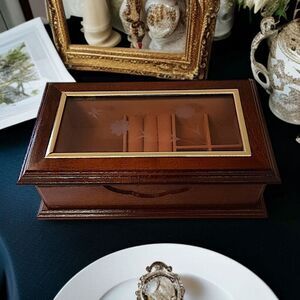 Vintage Wooden Jewelry Box Velvet Lined Etched Glass 80s Wood Table Dresser Top